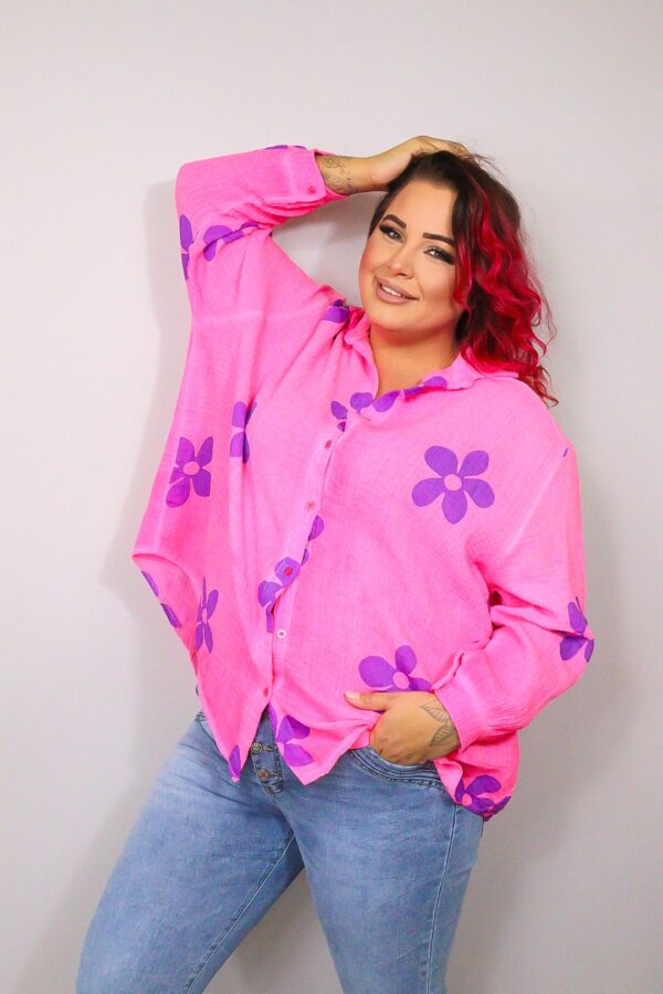 Blouse Mousseline flower neon roze